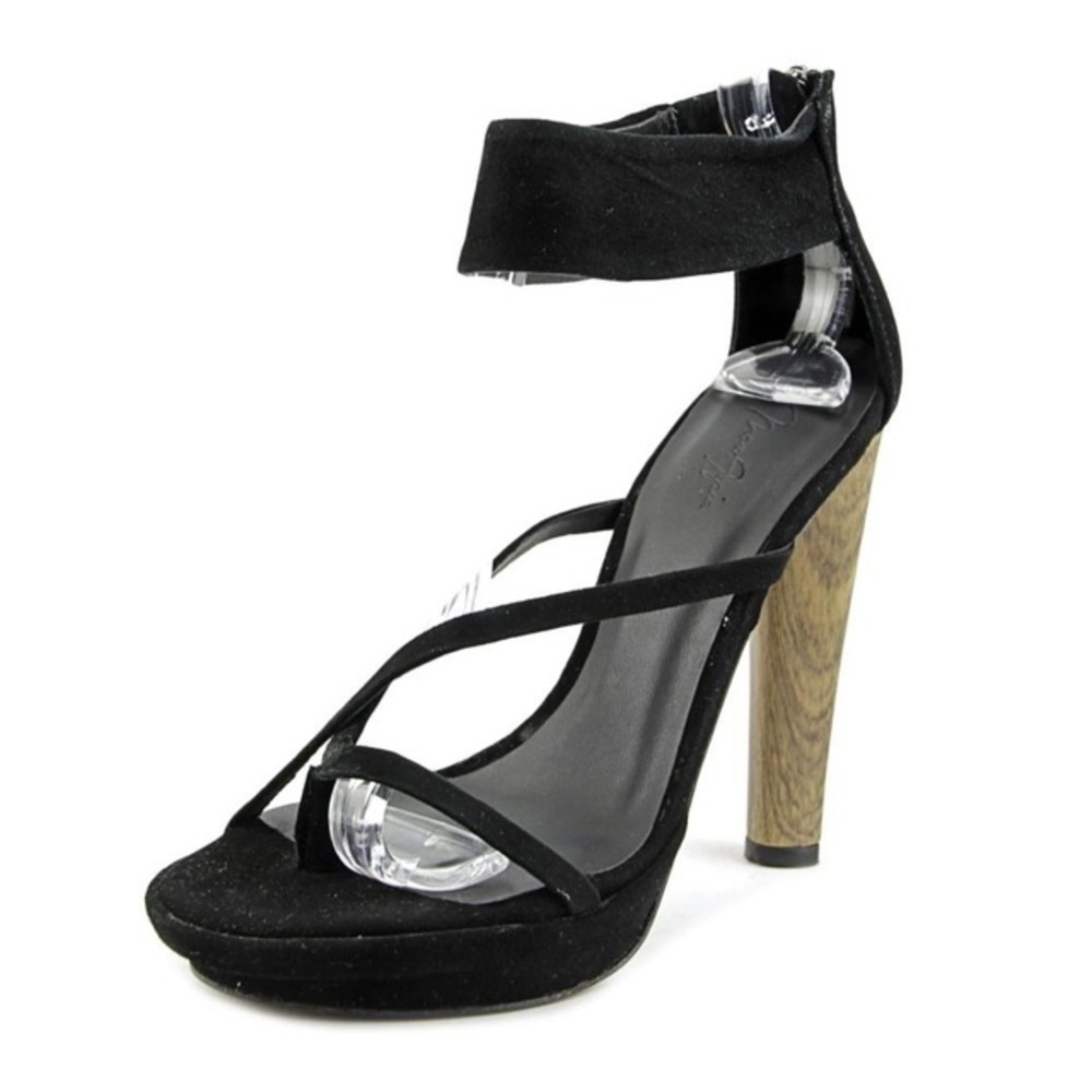 Max Azria Black 5 1/4 heel suede strap sandal